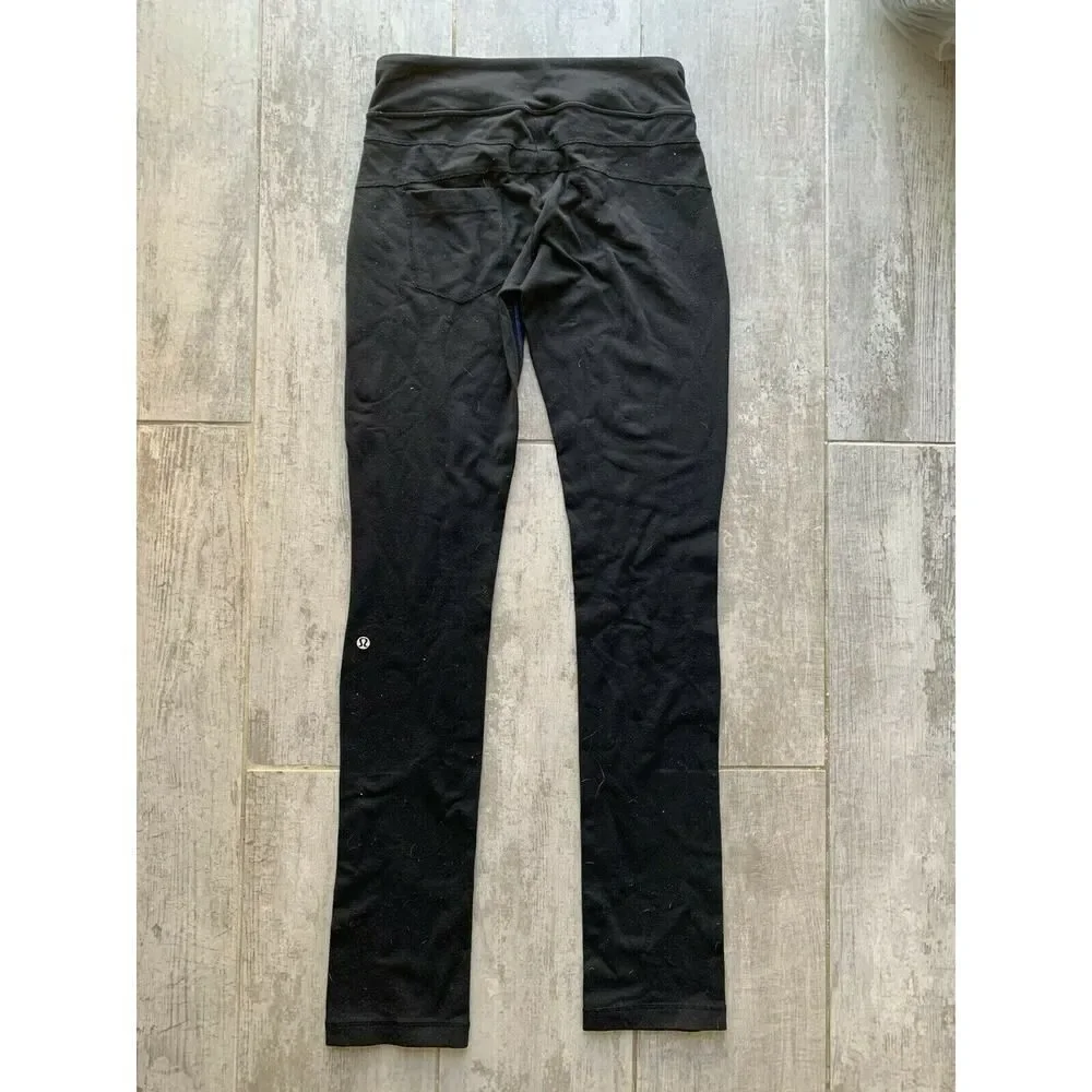 LULULEMON Black Straight Leg Luon Leggings Pants RARE VINTAGE Back Butt Pocket 6